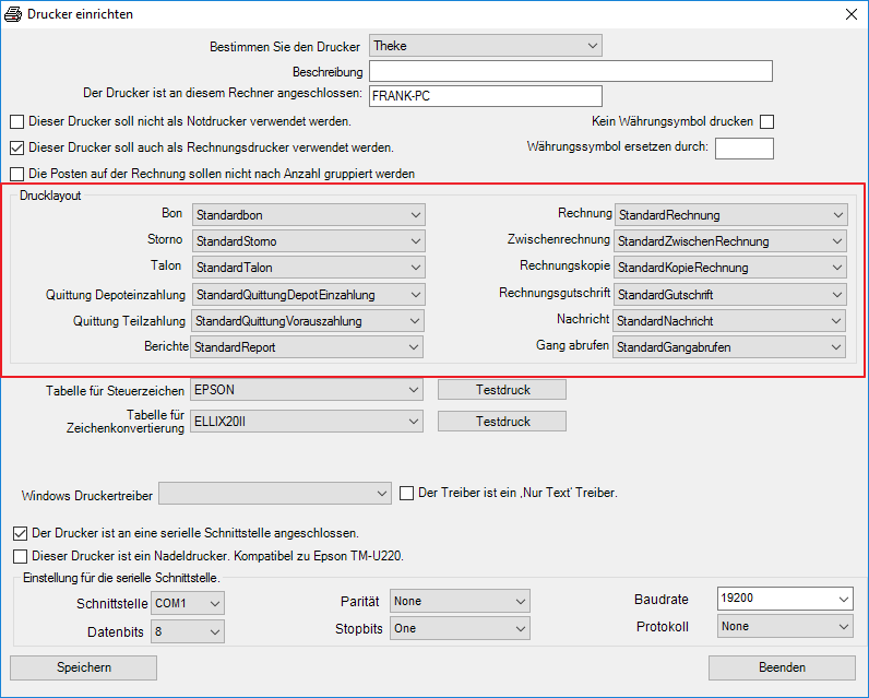 PosBill Druckereinstellung: Schritt 2 Drucklayouts w&auml;hlen