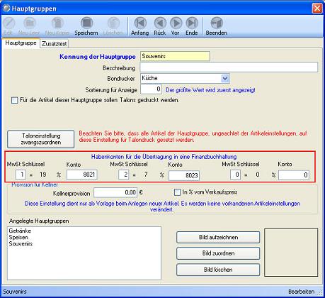 Hauptgruppen - Kontenangabe f&uuml;r die jeweiligen Ums&auml;tze