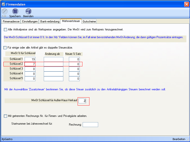 Einstellungen f&uuml;r den erm&auml;&szlig;igten Steuersatz