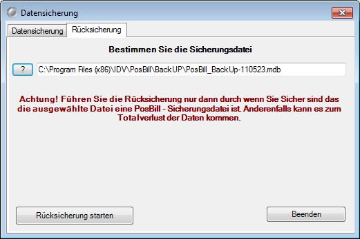 R&uuml;cksicherung von Daten unter PosBill